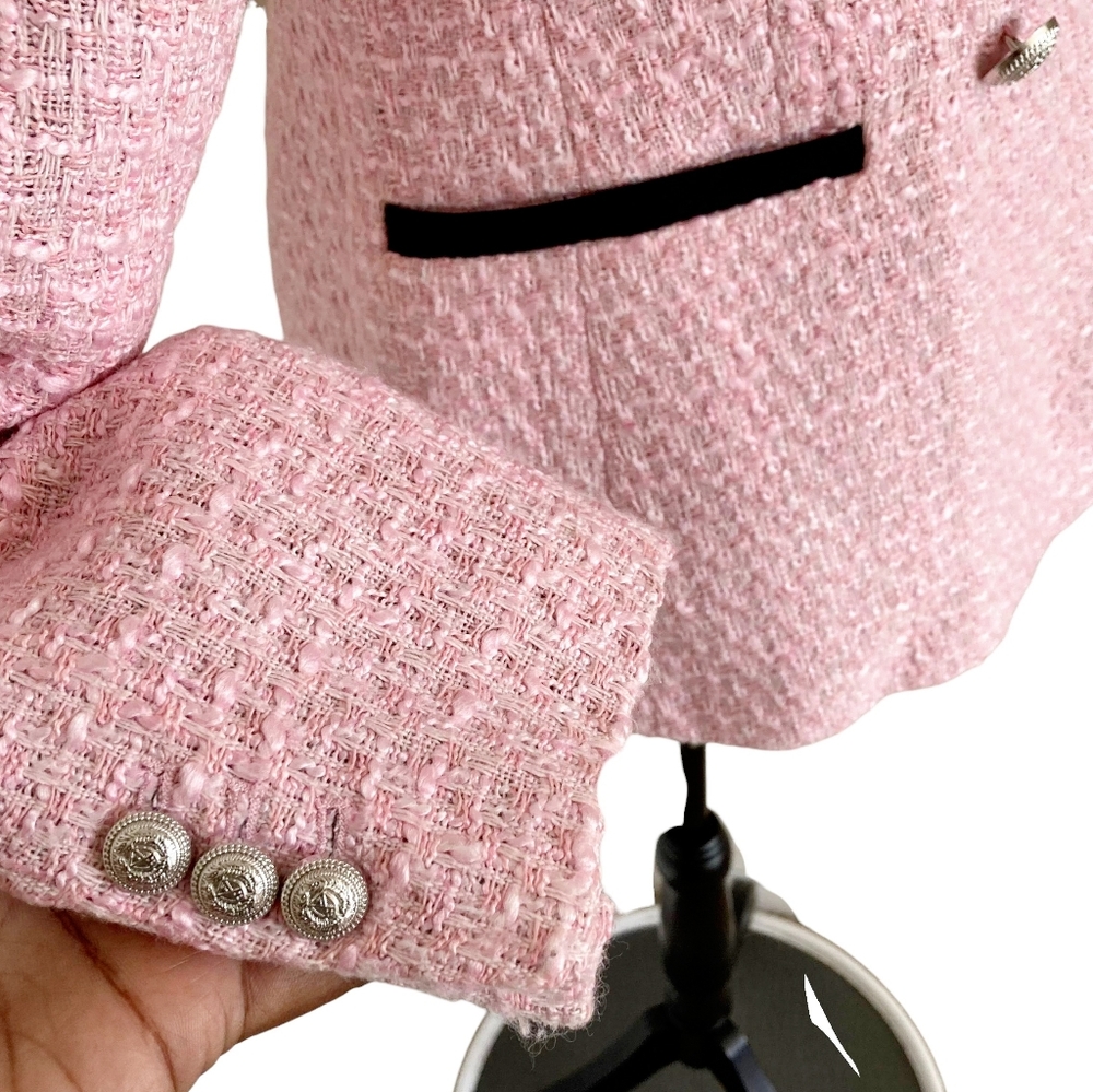 SOLD Zara Tweed pink Double Breasted Blazer Jacket L Structured contrast Black - Picture 9 of 17